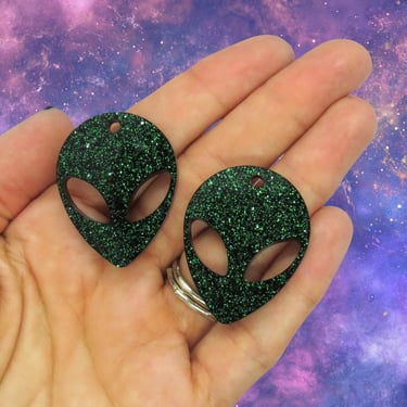 Alien Hair Clip Set - Black & Green Glitter UFO Barrette Set 