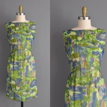 1950s vintage dress | Colorful Abstract Print Chiffon Cocktail Wiggle Dress | Medium | 50s dress 