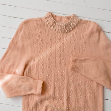 orange wool sweater 80s 90s vintage pastel peach angora cable knit pearl mockneck sweater 