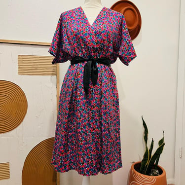 Vintage Handmade Mod 60s Bright Daisy Floral Print Wrap Short Sleeve Dress 