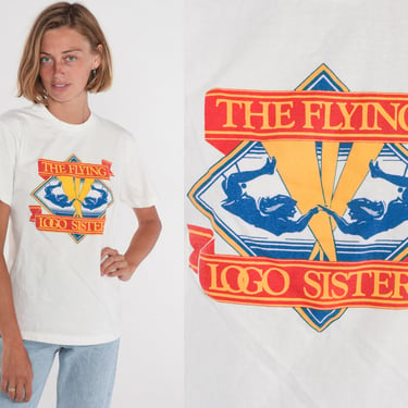 The Flying Logo Sisters Shirt 90s T-Shirt Circus Acrobats Graphic Tee Single Stitch Gymnast Tumbler TShirt White Vintage 1990s Small Medium 