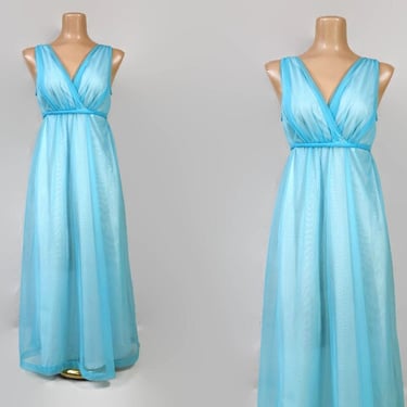 VINTAGE 60s Bright Sky Blue Nylon Chiffon Goddess Nightgown | 1960s Double Nylon Nightgown by French Maid Lingerie Company | Wedding Bridal 