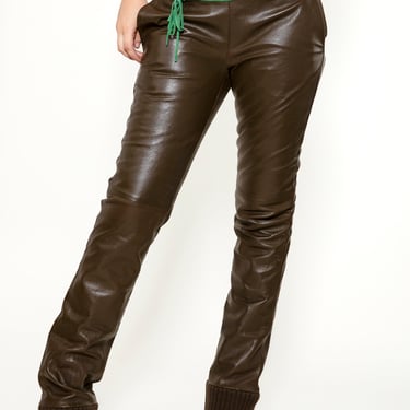 Miu Miu Brown Leather Pants with Ribbed Cuff 