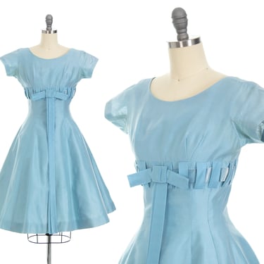 Vintage 1950s Dress | 50s Light Baby Blue Velvet Laced Fit and Flare Formal Party Dress (small) 
