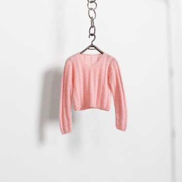 Pink Mohair Sweater Cropped Boxy Oversize Cable Knit Soft Fuzzy Textured Preppy Jumper / Medium 