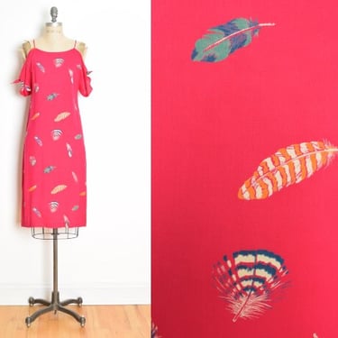 vintage 80s dress magenta pink bird FEATHER print midi sun dress S hippie boho clothing 