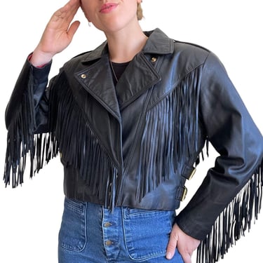 Vintage 90s Womens Bermans Cropped Black Leather Biker Moto Fringe Jacket Sz M 