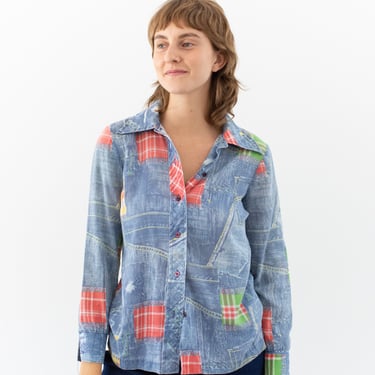 Vintage Print Denim Button Down Blouse | Americana Cotton Blend Summer Shirt | Made in USA | XS S | 
