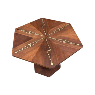 Gorgeous Designer Hexagon Walnut Shaped Accent Table with Brass Inlay