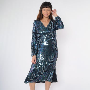 Vintage 80s Blue Sequin Dress Iridescent Silk Beaded Abstract Pattern Long Sleeve Party Gown V Neck 1980s Evening Midi Side Slit Small S 