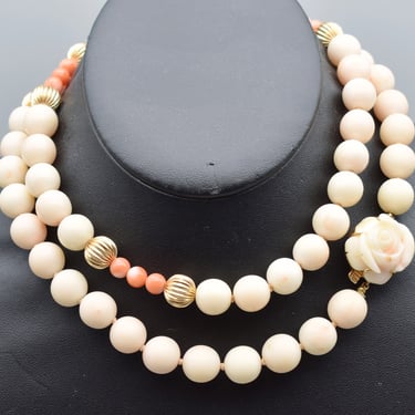 60's 14k angel skin & salmon coral beads necklace, long hand carved coral yellow gold rose clasp statement 