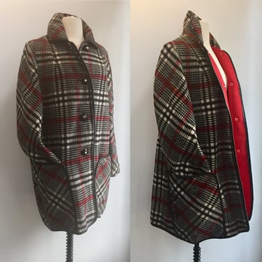Nice 60’s 70’s Mod PLAID Wool Coat Jacket / Cool Cut + Buttons / Black + White + Red / PENGUIN FASHIONS 