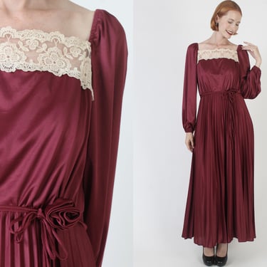 Victorian Burgundy Grecian Goddess Dress, Vintage 70s Matching Belted Lace Gown, Pleated Gothic Medieval Maxi 