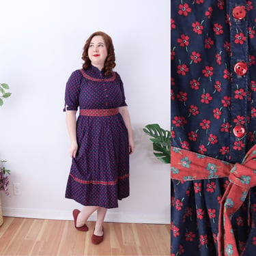 SIZE S/M 70s LANZ Cotton Red & Blue Floral Midi Dress - Peasant Prairie Cute Bold Long High Neck Neck Summer Fall 