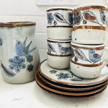 9 Piece of Vintage Tonala Mexico Bird and Flower Palomar-Edward Hand-Painted Stoneware Coffee Cups, Plates, and Pitcher by LeChalet
