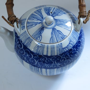 Vintage Japanese Teapot White Cobalt Blue Japan Tea Pot Bamboo Handle Ceramic Tea for Two Asian Pottery Boho Teapot 