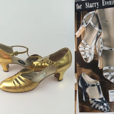 Starry Evenings Starry Nights - Vintage 1930s Bright Gold Leather T-Strap Evening Pumps Heels Shoes - 8AA 