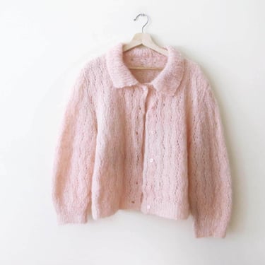 Vintage 60s Mohair Cardigan S M - Pale Pink Pastel Fuzzy Wool Sweater - Pointelle Open Knit Cardigan - 