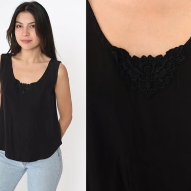 Black Camisole 90s Cami Tank Top Floral Lace Sleeveless Romantic Draped Shirt Going Out Top Simple Vintage 1990s Anxiety Small 