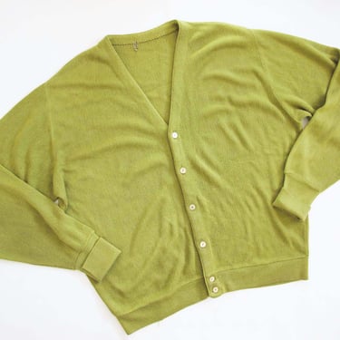 Vintage 60s Lime Green Cardigan L - Grunge Kurt Cobain V Neck Sweater - 1960s Clothing 