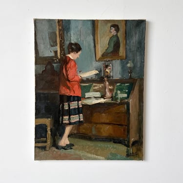 "THE LETTER" OIL PAINTING BY LOUIS HENNO, 25.5x20