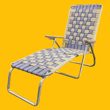 Vintage Lawn Chaise Lounge Retro 1980s Silver Aluminum Frame + Folds Up + Blue and Cream Colors + Vinyl/Webbing + Seating + Patio Furniture 