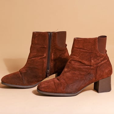 80s Brown Velvet Short Ankle Boots Vintage Square Toe Heel Boots 