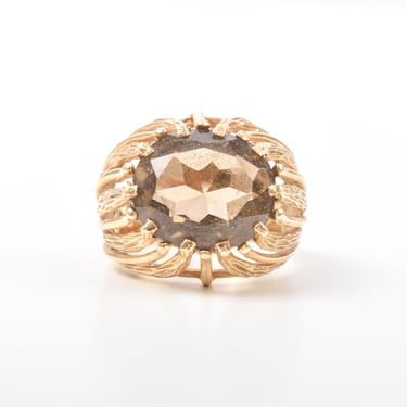 Estate 14K Oval Smokey Quarts/Topaz Gold Organic Tree Branch Statement Cocktail Ring, Brutalist Jewelry, Size 6 1/2 