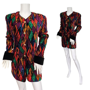 Vtg ESCADA 1980's Jewel Tone Harlequin Diamond Pattern Long Velvet Jacket I Sz Med I Sz 42 