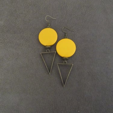 Large yellow earrings, Geometric earrings, African Afrocentric earrings, bold statement earrings chunky earrings, unique, bronze triangle 
