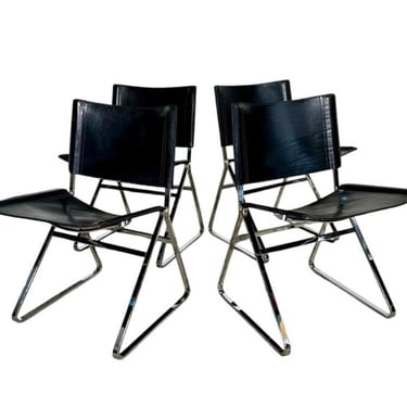 Italian Leather and Stainless Steel Dining Chairs, Italy 1970