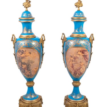 Sevres Bleu Celeste Ground Ovoid Vases, Pair