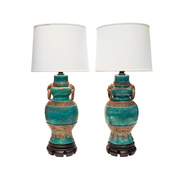 Pair of Impressive Italian Artisan Ceramic Lamps with Aqua Salt Glaze 1950s