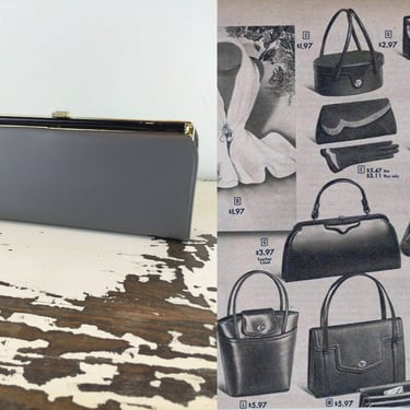 Backed Into a Corner - Vintage 1950s 1960s Gunmetal Grey Gray Faux Leather Vinyl Convertible Clutch Handbag Purse 