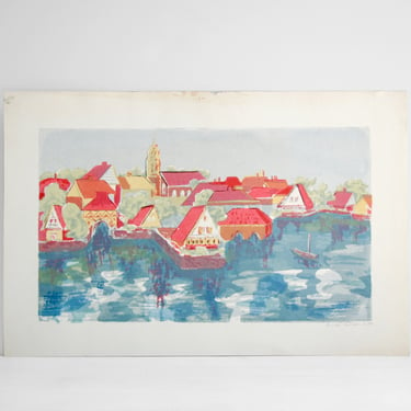 Vintage Original Serigraph Print of a Village on the Water by Listed Artist Renate Scheer Kalkofen 
