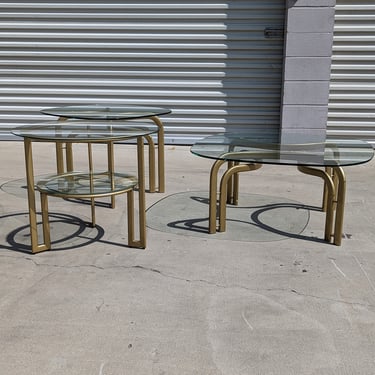 Trio Of Postmodern Glass Top Tables | Powder Coated | Hollywood Regency | Gold | MCM | Mid Century | Post Modern | Side / Coffee Table 