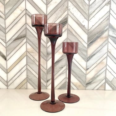 Vintage Wedgewood Amethyst Glass Candle Holders, Tall Pedestal, Set of 3, Brancaster Tealite Candlesticks, Purple Retro Glassware 