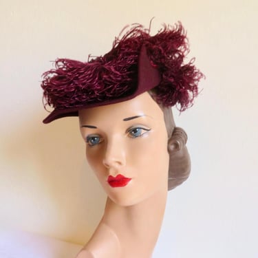 1940's Burgundy Felt Tilt Hat with Ostrich Plume Trim Head Holder WW2 Era Rockabilly Hats 40's Millinery Fall Winter New York Creation 