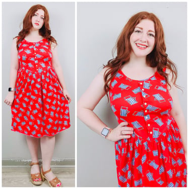 1990s Vintage Land's End Red Lawn Chair Priont Dress / 90s / Nineties Cotton Novelty Print Sundress / Size Small 