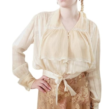 Edwardian Beige Silk Blouse Check Pattern Long Sleeve Waist Sash 