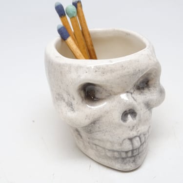 Vintage Halloween Skeleton Head Match Holder, Antique Retro MCM Glazed Ceramic Skull 
