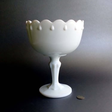 Milk glass compote Indiana glass Co. Vintage pedestal bowl White candy dish  Scalloped edge vase  Wedding centerpiece 