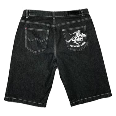 Vintage 90s/Y2K Winchester Black Denim Baggy Wide Leg Embroidered Jorts/Shorts Size W36 