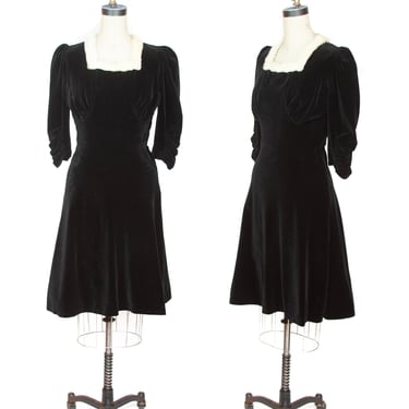 1930s Dress ~ Black Velveteen Ruched Puff Sleeve Rabbit fur Trimmed Dress 
