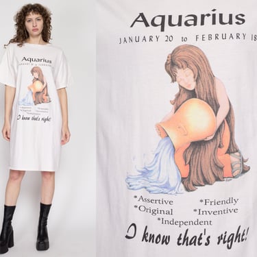 One Size 80s Aquarius Astrology Sleep Shirt | Vintage Zodiac Sign Oversize Pajama T Shirt Dress 