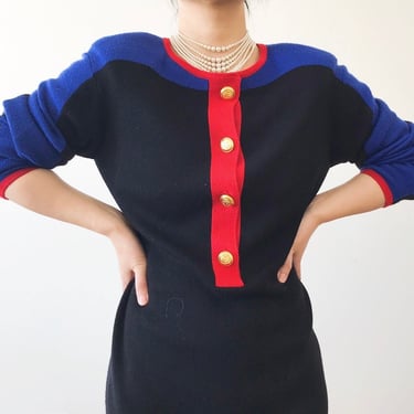 vintage knit dress sweater dress wool dress color block contrast midi dress pencil dress black blue red minimalist Karin Stevens size S/M 