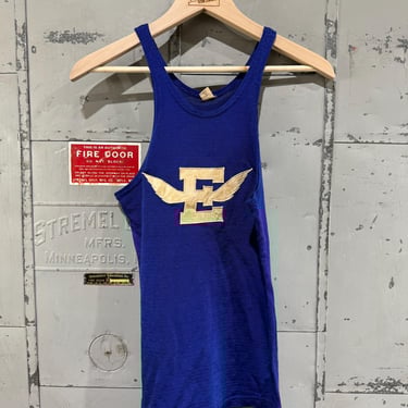 Vintage 60s Spanjain Tank Top Jersey Shirt with Patch Letters blue E Track Wings size small 