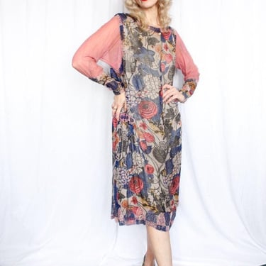 1920s Silver Heels Floral Silk Dress - Medium 