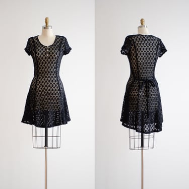 sheer black dress 90s y2k vintage ELAN see through crochet lace short sleeve mini dress 