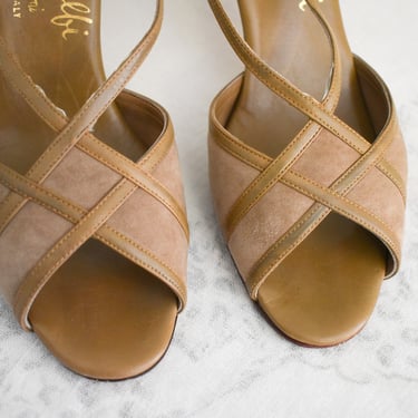 1970s Amalfi Taupe Brown Suede and Leather Heeled Sandals, Size 6 
